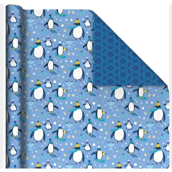 Hallmark Wrapping Paper Hanukkah Skiing Penguins/Stars of David Reversible 30 sq - Picture 2 of 5